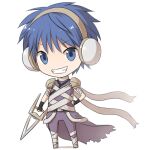  1boy armor assassin_(ragnarok_online) bandages bangs black_gloves blue_eyes blue_hair cape chibi commentary_request dagger eyebrows_visible_through_hair fingerless_gloves full_body gloves grin hand_on_hip headphones holding holding_dagger holding_weapon jamadhar knife looking_at_viewer male_focus natsuya_(kuttuki) pants pauldrons purple_cape purple_pants purple_shirt ragnarok_online shirt short_hair shoulder_armor simple_background sleeveless sleeveless_shirt smile solo torn_cape torn_clothes waist_cape weapon white_background 