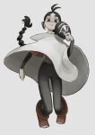  1girl absurdres ahoge black_eyes black_pants boots braid braided_ponytail clenched_hand commentary full_body grey_background highres holding holding_mask knees_together_feet_apart long_sleeves looking_at_viewer mask original pants poncho red_footwear red_shirt ryu_seok shirt solo 