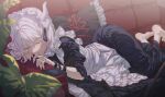  1girl absurdres apron bangs barefoot black_dress closed_eyes couch dress english_commentary highres hong horns long_dress lying maid maid_apron maid_headdress multiple_horns on_couch on_side original plant silver_hair sleeping solo vivian_(hong) white_apron 