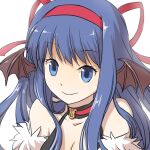  1girl bangs bat_wings blue_eyes blue_hair brown_wings choker closed_mouth commentary_request detached_sleeves eyebrows_visible_through_hair fur-trimmed_sleeves fur_trim hair_ribbon hairband head_wings long_hair looking_at_viewer natsuya_(kuttuki) ragnarok_online red_hairband red_ribbon ribbon sidelocks simple_background smile solo stalker_(ragnarok_online) upper_body white_background wings 