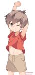  1boy arakokra arm_up brown_shorts child english_commentary highres looking_at_viewer male_focus midriff_peek navel one_eye_closed original red_shirt shirt shorts simple_background solo solo_focus white_background 