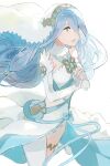  1girl aisutabetao azura_(fire_emblem) bangs bare_shoulders blue_hair blue_ribbon detached_collar detached_sleeves dress elbow_gloves fingerless_gloves fire_emblem fire_emblem_fates floating_hair gloves hair_between_eyes hair_tubes highres jewelry long_hair looking_away open_mouth own_hands_together panties parted_lips pendant ribbon simple_background single_leg_pantyhose sleeveless sleeveless_dress solo strapless strapless_dress tearing_up tears underwear veil very_long_hair white_background white_dress white_gloves white_legwear white_panties white_sleeves white_veil yellow_eyes 