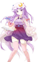  1girl blue_bow blunt_bangs book bow casting_spell checkered_thighhighs crescent crescent_pin feet_out_of_frame grimoire hair_bow hat high-waist_skirt highres holding holding_book jewelry jitome long_hair long_sidelocks looking_afar magic_circle mob_cap multiple_hair_bows nice_knee_socks_day open_book patchouli_knowledge pink_thighhighs pinstripe_pattern pinstripe_shirt porurin purple_hair purple_shirt purple_skirt red_bow see-through_clothes shirt sidelocks simple_background skirt standing thigh-highs touhou very_long_hair violet_eyes white_background zettai_ryouiki 