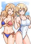  2girls american_flag_bikini bangs bikini blonde_hair blue_eyes braid breasts cellphone commentary_request competition_swimsuit covered_navel darjeeling_(girls_und_panzer) flag_print girls_und_panzer groin highres kay_(girls_und_panzer) large_breasts long_hair mikan_ame_q multiple_girls one-piece_swimsuit one_eye_closed phone side-tie_bikini swimsuit tied_hair twin_braids v 