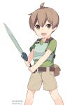  1boy arakokra armor bare_legs breastplate brown_eyes brown_shorts child english_commentary fantasy highres holding holding_weapon looking_at_viewer male_focus open_mouth original shorts simple_background solo sword weapon white_background 