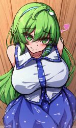  1girl absurdres arms_behind_back bare_shoulders blue_hairband blue_skirt blush breasts collared_shirt eyebrows eyelashes frog_hair_ornament green_eyes green_hair hair_ornament hair_tubes hairband heart heart-shaped_pupils highres huge_breasts kochiya_sanae long_hair looking_at_viewer polka_dot shirt sidelocks single_hair_tube skirt smile snake_hair_ornament solo symbol-shaped_pupils touhou upper_body very_long_hair yosshy 