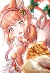  1girl absurdres animal_ears bangs bare_shoulders bell blush cat_ears cat_tail clear_glass_(mildmild1311) eyebrows_visible_through_hair fake_animal_ears fingerless_gloves fire_emblem fire_emblem_fates fire_emblem_heroes fur_trim gloves hairband highres looking_at_viewer open_mouth pink_eyes pink_hair sakura_(fire_emblem) shirt sleeveless sleeveless_shirt tail twitter_username white_background 