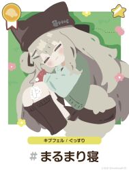  1girl :3 animal_ear_headwear animal_hat apple bandaid bandaid_on_knee bandaid_on_leg beanie black_hat black_skirt black_socks blush boots border brown_socks cat_hat chibi closed_eyes closed_mouth curled_up fetal_position fish_bone fish_bone_print flower food fruit full_body green_background grey_hair hair_bun hair_ornament hairclip hat highres jacket kipfel_(vrchat) kneehighs knees_up light_brown_hair long_hair long_sleeves lying mochiyama_kingyo on_grass on_side shirt single_hair_bun skirt sleeping smile socks solo star_(symbol) tochisa_(tochisa513) twitter_username two-tone_background very_long_hair vrchat white_background white_shirt 