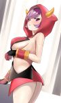  1girl absurdres bangs black_gloves blush breasts commentary_request courtney_(pokemon) enishi96 eyelashes gloves highres looking_back parted_lips pokemon pokemon_(game) pokemon_oras purple_hair short_hair sideboob solo sweat team_magma team_magma_uniform violet_eyes 