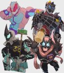  4boys animal_hood aqua_eyes armor asymmetrical_armor bbbb_fex bird black_armor blue_armor blue_eyes broom demon_boy dinosaur duck food glass glass_bottle highres hood horns kamen_rider kamen_rider_demons kamen_rider_evil kamen_rider_revi kamen_rider_revice kamen_rider_vice male_focus multiple_boys pink_armor pose pudding red_eyes rubber_duck scarf sharp_teeth silk single_horn spider_web splatter splatter_print tail teeth tyrannosaurus_rex web_print 