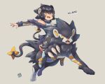  1girl :d bangs bare_shoulders black_hair black_legwear blue_footwear blue_shirt boots breasts commentary_request eyebrows_visible_through_hair fang full_body fur_trim grey_background hair_between_eyes knee_boots kuromiya luxray medium_breasts outstretched_arm personification pokedex_number pokemon pokemon_(creature) pokemon_ears pokemon_tail riding shirt simple_background sleeveless sleeveless_shirt smile tail thigh-highs thighhighs_under_boots yellow_eyes 