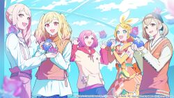  +_+ 1other 4girls :d akiyama_mizuki alien animal april_fools azusawa_kohane backwards_hat baseball_cap black_hat blonde_hair blue_eyes blue_skirt bob_cut bow bow_hairband bowtie brown_eyes clothes_writing clouds collar colorful_palette commentary_request cowboy_shot crypton_future_media denim denim_shorts detached_collar detached_sleeves frilled_shirt frilled_skirt frilled_sleeves frills gradient_hair hair_ornament hairband hairclip hat heart heart_necklace highres holding holding_animal hood hoodie jewelry kagamine_rin layered_skirt letter_print light_brown_hair long_sleeves looking_ahead looking_at_viewer medium_hair multicolored_clothes multicolored_hair multicolored_hoodie multiple_girls necklace number_tattoo ootori_emu orange_collar orange_shirt orange_skirt orange_sweater_vest pants parted_bangs piapro pink_eyes pink_hair pink_hood pink_pants pink_sleeves pom_pom_(clothes) project_sekai science_fiction sega shirt short_hair shorts side_ponytail sidelocks skirt sky smile sogawa star_(symbol) star_hair_ornament star_print suspender_pants sweater_vest swept_bangs tattoo tenma_saki tentacles tied_hoodie_strings twintails twisted_sidelocks vocaloid white_shirt wonderlands_x_showtime_rin yellow_hoodie yellow_sleeves 