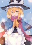  1girl bangs blonde_hair blue_capelet blush braid capelet eyebrows_behind_hair hair_between_eyes hat highres kirisame_marisa long_hair looking_at_viewer majime_joe mittens open_mouth red_scarf scarf snowing solo touhou winter_clothes witch_hat yellow_eyes 