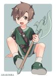  1boy arakokra axe bare_legs brown_eyes child english_commentary fantasy green_tunic highres holding holding_weapon looking_at_viewer male_focus open_mouth original simple_background solo weapon 
