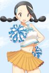  1girl :d alternate_costume black_hair brown_eyes candice_(pokemon) cheerleader collarbone commentary_request eyelashes hair_ornament hairclip long_hair looking_at_viewer multi-tied_hair navel open_mouth pleated_skirt pokemon pokemon_(game) pokemon_dppt pom_pom_(cheerleading) shirt skirt sleeveless sleeveless_shirt smile solo tetsukuzu_(yajirushi_shita) tongue twintails white_shirt 