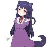  1girl animal_ears black_hair closed_mouth cosplay dated dress ejami ekko_(ejami) fox_ears fox_girl fox_tail high_score_girl long_hair oono_akira original purple_dress signature simple_background solo standing tail white_background 