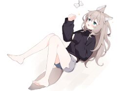  1girl :d animal_ear_fluff animal_ears barefoot black_choker black_shirt blue_eyes blush bone choker dog_ears dog_girl full_body grey_shorts highres legs light_brown_hair long_hair long_sleeves looking_at_object lying midriff_peek on_back original riya_(01214) shirt short_shorts shorts sidelocks simple_background smile solo sparkle teeth turtleneck turtleneck_shirt upper_teeth_only very_long_hair white_background 