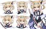  1girl :d ? @_@ animal_ear_fluff animal_ears apron arknights bangs bare_shoulders black_gloves blue_hairband blush braid brown_hair closed_mouth commentary_request eyebrows_visible_through_hair fox_ears gloves hair_between_eyes hair_rings hairband highres multicolored_hair multiple_views parted_lips pleated_skirt purple_skirt shirt sikinose_val skirt smile suzuran_(arknights) tears twin_braids two-tone_hair waist_apron wavy_mouth white_apron white_background white_hair white_shirt yellow_eyes 