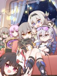  6+girls absurdres black_bridal_gauntlets black_gloves black_hairband bridal_gauntlets cellphone closed_mouth crossed_bangs crossed_legs facial_mark fingerless_gloves firefly_(honkai:_star_rail) forehead_jewel fox_mask fu_xuan_(honkai:_star_rail) gloves green_eyes grey_eyes grey_hair hair_between_eyes hair_ornament hairband highres holding holding_phone honkai:_star_rail honkai_(series) indoors light_brown_hair long_sleeves looking_at_viewer mask mask_on_head multicolored_eyes multiple_girls nervous_smile ooarai_school_uniform parted_lips phone pink_eyes pink_hair qingque_(honkai:_star_rail) school_uniform silver_wolf_(honkai:_star_rail) single_bridal_gauntlet sitting smartphone smile sparkle_(honkai:_star_rail) standing stelle_(honkai:_star_rail) sweat trailblazer_(honkai:_star_rail) v yellow_eyes yoshinao_(yoshinao_0203) 