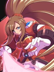  1girl armor blue_eyes breasts brown_hair cowboy_shot energy_sword gradient_background highres holding holding_sword holding_weapon iris_(mega_man) ishigaki_(sora_roxas) large_breasts long_hair mega_man_(series) mega_man_x_(series) mega_man_x_dive ponytail red_armor red_background solo sword twitter_username weapon 