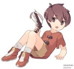  1boy arakokra bare_legs brown_eyes brown_shorts child dart_gun english_commentary eyebrows_visible_through_hair fantasy holding holding_weapon male_focus open_mouth original shorts simple_background socks solo weapon white_background 