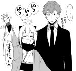  ... 1boy 1girl :d ^_^ ^o^ ahoge ahoge_wag blush closed_eyes expressive_hair eyebrows_visible_through_hair fate/grand_order fate_(series) formal greyscale haori iriehana japanese_clothes kimono koha-ace looking_at_another monochrome necktie obi okita_souji_(fate) outstretched_arm saitou_hajime_(fate) sash scarf simple_background smile speech_bubble spoken_ellipsis suit sweatdrop upper_body white_background 