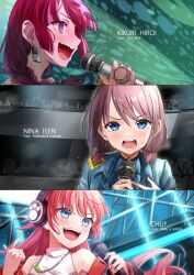  3girls :d @_@ bang_dream! black_choker black_nails blue_eyes blue_jacket blue_shirt blush bocchi_the_rock! braid brown_hair chain chain_necklace character_name choker collared_shirt commentary_request crossover crowd earrings girls_band_cry hand_tattoo headphones highres hiroi_kikuri holding holding_microphone index_finger_raised iseri_nina jacket jewelry kikugawa_roku long_hair looking_at_viewer microphone multiple_girls music necklace o-ring o-ring_choker off_shoulder open_clothes open_jacket open_mouth paw_print pink_hair portrait profile purple_hair sharp_teeth shirt singing sleeveless smile sweat tamade_chiyu tattoo teeth upper_teeth_only violet_eyes 