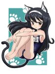 1girl animal_ears bangs black_hair blue_background blue_swimsuit brown_eyes cat_ears cat_tail character_name closed_mouth commentary fetal_position floating girls_und_panzer hairband hugging_own_legs kemonomimi_mode long_hair looking_at_viewer name_tag one-piece_swimsuit outline outside_border paw_print reizei_mako school_swimsuit smile solo swimsuit tail takahashi_kurage textless white_hairband white_outline 