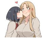  2girls black_hair blonde_hair blush closed_eyes ear_blush from_side heart hoshizora_no_shita kiss long_hair multiple_girls original surprise_kiss surprised yuri 