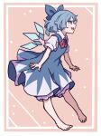  1girl absurdres bangs barefoot blue_bow blue_dress blue_eyes blue_hair bow cirno collared_shirt dress flat_chest hair_bow highres ice ice_wings kame_(kamepan44231) long_dress neck_ribbon pinafore_dress puffy_short_sleeves puffy_sleeves red_neckwear ribbon shirt short_hair short_sleeves smile solo touhou white_shirt wings 