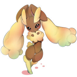  1girl :3 absurdres animal_ears animal_nose black_sclera blush body_fur brown_fur closed_mouth colored_sclera full_body furry furry_female hands_up highres looking_at_viewer lopunny no_feet own_hands_together pointy_ears pokemon pokemon_(creature) rabbit_ears rabbit_girl rabbit_tail red_eyes short_tail simple_background solo standing tail two-tone_fur white_background yellow_fur yurugasehiwazu 