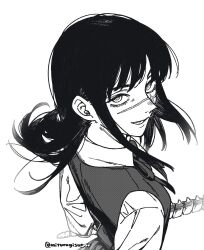  1girl absurdres chainsaw_man collared_shirt commentary_request dress fourth_east_high_school_uniform from_above greyscale highres long_hair mitsurugi_sugar monochrome neck_ribbon open_mouth pinafore_dress ribbon ringed_eyes scar scar_on_cheek scar_on_face school_uniform shirt sleeveless sleeveless_dress solo spine yoru_(chainsaw_man) 