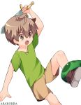  1boy arakokra bare_legs brown_eyes brown_shorts commentary eyebrows_visible_through_hair fantasy green_shirt highres holding holding_weapon male_focus original shirt shorts simple_background solo tentacles weapon white_background 