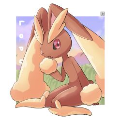  1girl animal_ears animal_nose arm_at_side blurry blurry_background body_fur border brown_fur character_name commentary_request covering_own_mouth flat_chest forte_(pixiv26247143) furry furry_female grass hand_to_own_mouth hand_up highres knees_together_feet_apart looking_at_viewer lopunny no_feet on_ground outdoors outside_border partial_commentary pointy_ears pokedex_number pokemon pokemon_(creature) rabbit_ears rabbit_girl rabbit_tail red_eyes short_tail sitting solo sunset tail two-tone_fur white_border yellow_fur 