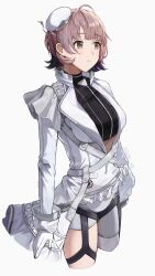  1girl :< absurdres ahoge asymmetrical_pants black_shirt cowboy_shot deibadoo facing_to_the_side hat highres idolmaster idolmaster_shiny_colors ikuta_haruki jacket light_brown_hair mini_hat multicolored_hair pants shirt solo streaked_hair white_background white_hat white_jacket white_pants yellow_eyes zousuidaisuki1 