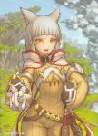  1girl animal_ears belt breasts cat_ears english_commentary facial_mark gloves gofelem looking_at_viewer medium_hair nia_(xenoblade) open_mouth silver_hair small_breasts solo weapon white_gloves xenoblade_chronicles_(series) xenoblade_chronicles_2 yellow_eyes 