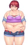  1girl bangs belly_grab belt belt_buckle blush breasts buckle commentary_request cowboy_shot denim denim_shorts digimon digimon_savers eyebrows_visible_through_hair facing_viewer fujieda_yoshino highres looking_down midriff navel off_shoulder open_belt open_mouth orizen plump red_eyes redhead shirt short_hair shorts simple_background solo straight-on swept_bangs thick_arms thick_thighs thighs white_background wristband 