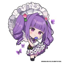  1girl black_footwear blunt_bangs bug butterfly chibi closed_mouth commentary dress english_commentary flora_(nikke) flower full_body gloves goddess_of_victory:_nikke hair_flower hair_intakes hair_ornament highres holding holding_flower holding_umbrella long_hair neck_ribbon official_art pink_flower purple_dress purple_flower purple_ribbon ribbon sleeveless sleeveless_dress solo standing totatokeke two-tone_dress umbrella white_dress white_gloves 
