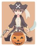  1boy arakokra bare_legs belt brown_eyes child english_commentary fantasy gun hat highres holding holding_weapon jack-o&#039;-lantern kneeling looking_at_viewer male_focus open_mouth original pirate_hat simple_background solo sword teeth weapon 