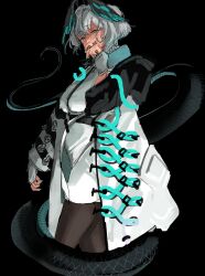  1girl absurdres aqua_eyes aqua_nails arknights black_background blush breasts coat dress fang fingerless_gloves gloves grey_gloves grey_hair half-closed_eyes head_wings highres ho'olheyak_(arknights) kosame_(iso) looking_at_viewer nail_polish open_mouth simple_background skin_fang solo tail very_long_tail white_dress wings 