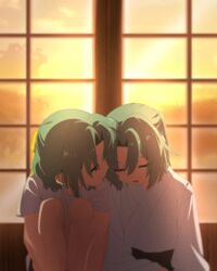  2girls aru_aru bangs blurry closed_eyes green_eyes green_hair hair_ribbon half_updo head_on_another&#039;s_shoulder highres higurashi_no_naku_koro_ni japanese_clothes kimono knees_up looking_at_another multiple_girls obi open_mouth parted_bangs ponytail ribbon sash shirt short_hair short_sleeves siblings sisters sitting sleeping smile sonozaki_mion sonozaki_shion twins white_kimono white_shirt yukata 