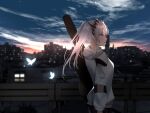  1girl blue_sky breasts bridge bug building butterfly clouds coat dusk elf from_side guitar hair_ornament hairclip holding holding_instrument honey_strap hood hooded_jacket hoodie instrument jacket long_hair looking_to_the_side outdoors pointy_ears river silver_hair sky solo sougetsu_eli twintails violet_eyes virtual_youtuber white_hair yuyu_(yuyuworks) 
