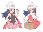  1girl beanie black_hair bracelet brown_bag closed_mouth coat commentary_request dated eyelashes grey_eyes hair_ornament hairclip hand_on_hip hand_up hat highres hikari_(pokemon) holding holding_poke_ball jewelry long_hair long_sleeves multiple_views petoke pink_skirt poke_ball poke_ball_(basic) pokemon pokemon_(game) pokemon_dppt pokemon_platinum red_coat red_scarf scarf shirt simple_background skirt sleeveless sleeveless_shirt smile white_background white_headwear white_scarf 