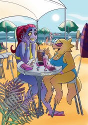 2018 2d 2girls accessories alphys alternate_costume anthro artist_name background_character beach black_eyepatch blue_skin blue_swimsuit buck_teeth chair closed_eyes day digital_media dinosaur dinosaur_girl drink duo ear_fins eyepatch female female_focus fins fish fish_girl flip-flops food glasses hair head_fins high_ponytail highres lizard lizard_girl lizard_tail long_hair midluuna monster monster_girl ocean on_chair open_mouth outdoors phone plant ponytail purse red_hair reptile reptile_girl reptile_tail scalie sharp_teeth shell ship shortstack sitting sky slit_pupils smartphone sun surfboard swimsuit table tail talking teeth undertale undyne yellow_sclera yellow_skin yellow_swimsuit yellow_teeth