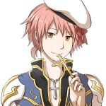  1boy arch_bishop_(ragnarok_online) bangs black_coat closed_mouth coat commentary_request cross cross_necklace eyebrows_visible_through_hair hat holding holding_cross jewelry looking_at_viewer male_focus natsuya_(kuttuki) necklace pink_eyes pink_hair ragnarok_online sailor_hat short_hair short_ponytail simple_background smile solo upper_body white_background white_headwear 