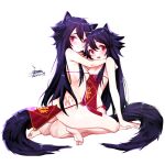  2girls animal_ears ass black_hair breasts closed_mouth dated ejami ekko_(ejami) fox_ears fox_girl fox_tail long_hair looking_at_viewer multiple_girls open_mouth original red_eyes signature simple_background smile tail white_background 