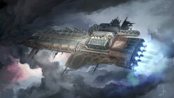  absurdres antennae clouds dark_background dark_clouds fins flying highres imperium_of_man mechanical_arms nictanova no_humans outdoors pillar science_fiction simple_background space spacecraft thrusters vehicle_focus warhammer_40k 