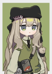  1girl absurdres animal_hat bag beanie black_hat black_necktie border brown_hair collared_shirt fish fish_bone fish_bone_print fish_hair_ornament food green_background green_eyes green_sweater grey_hair hair_ornament hairclip hat highres iii_ian kipfel_(vrchat) layered_sleeves light_brown_hair long_hair long_sleeves looking_at_viewer mochiyama_kingyo necktie outside_border shirt short_over_long_sleeves short_sleeves shoulder_bag simple_background sleeves_past_wrists solo sweater sweater_vest tail tongue tongue_out upper_body very_long_hair vest vrchat white_border white_shirt 