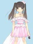  1girl brown_hair commentary_request dress highres microphone pink_dress real_life sleeveless sleeveless_dress solo south_mori strapless strapless_dress tamura_yukari twintails 