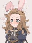  ... 1girl @_@ animal_ears black_dress blush bow brown_background brown_hair chibi closed_mouth commentary_request dress embarrassed eno_(preno_gb) fake_animal_ears florence_(granblue_fantasy) granblue_fantasy green_eyes hairband long_hair nose_blush notice_lines rabbit_ears raised_eyebrows simple_background smile solo spoken_ellipsis sweat upper_body 